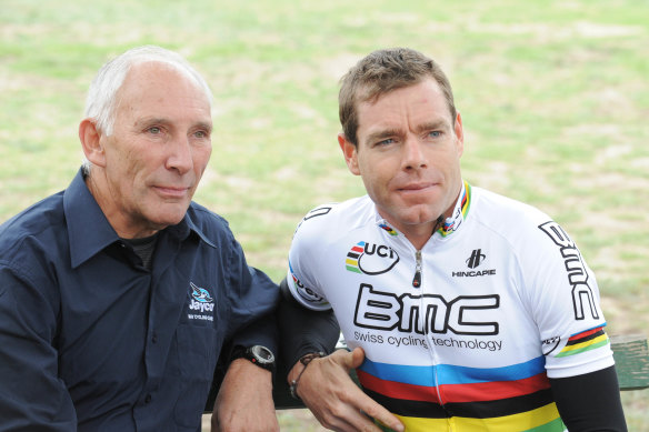Phil Liggett with Cadel Evans in 2010. Liggett predicted Evans would win Le Tour, 13 years before it happened.