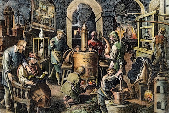 An artwork by Joan Galle depicting an alchemist and his assistants.