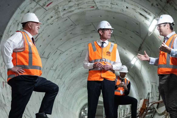 NSW Premier Dominic Perrottet on a tour of a tunnel section of the Sydney Metro West Hunter Street Station Project,