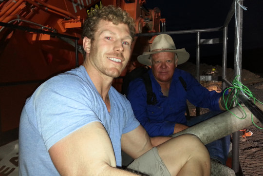 David Pocock and fellow activist farmer Rick Laird chained to a digger.