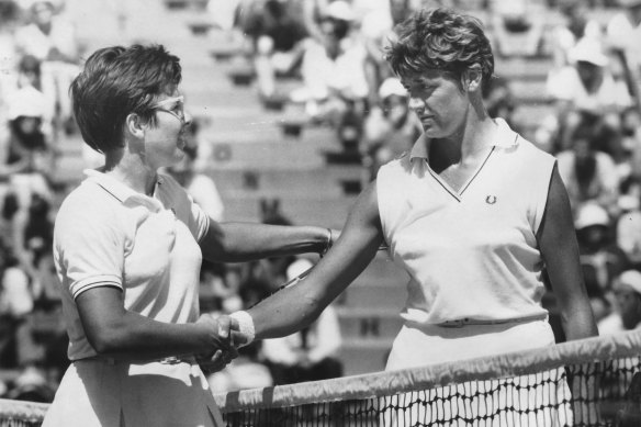 Billie Jean King, left, is congratulated by  Margaret Court on her win at Kooyong in 1968.