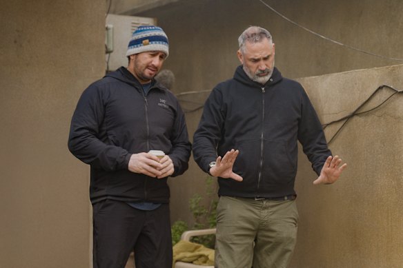 Ray Mendoza, left, and Alex Garland on the set of <i>Warfare</i>, the Iraq War film they co-wrote and co-directed.