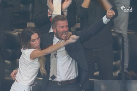 Happier times: David Beckham and Victoria Beckham celebrate Anthony Gordon’s goal before England lost to Argentina.