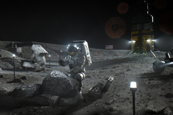 A NASA illustration depicting Artemis astronauts on the moon.