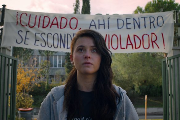 “Beware. A rapist is hiding in there” reads the banner that Alma (Nicole Wallace) erects at her school in Raising Voices.