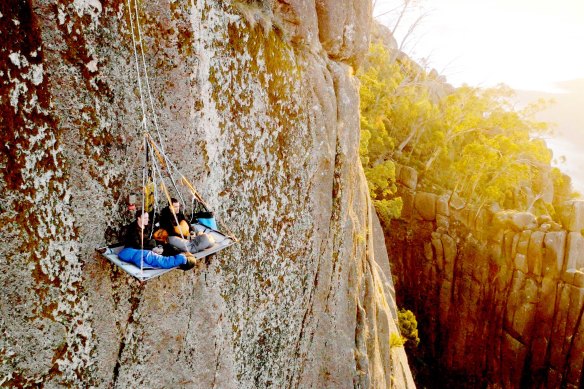 Sweet dreams ... overnight on the portaledge suspended over a sheer 300 metre cliff face in the Mount Buffalo gorge.