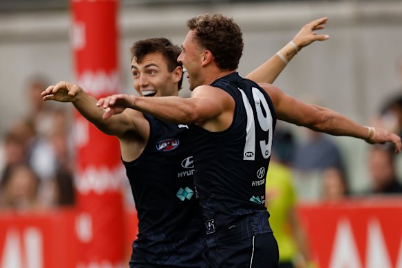 Jagga Smith (left) and Will Hayward will play their first game for Carlton tonight. 
