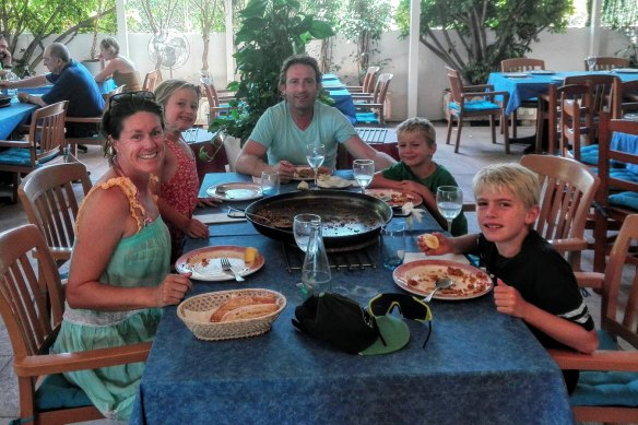 Jane Saville, with her family in Spain. From left: Jane, Zoe, Matt White, Kobi, Jordi.