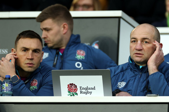 New coach Steve Borthwick, (R) the England head coach looks on.