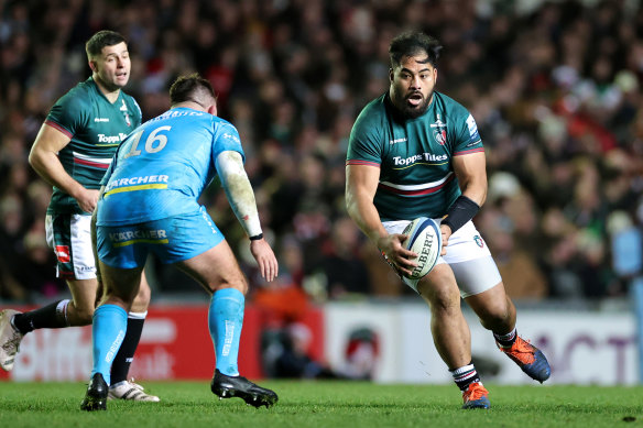 Nephi Leatigaga on the charge for the Leicester Tigers.