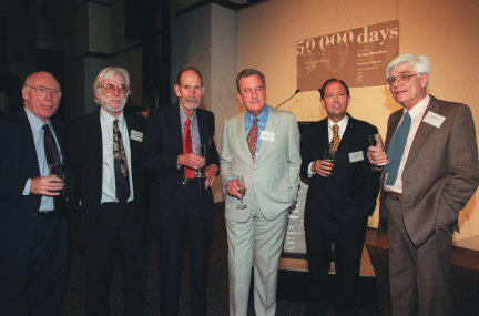 Former Fairfax editors (from left) Max Suich, Max Prisk, John Douglas Pringle, James Fairfax, Chris Anderson and David Bowman.