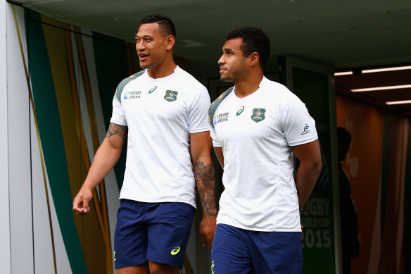 Israel Folau and Will Genia in alternate white jerseys used by the Wallabies for training ahead of the 2015 Rugby World Cup final. The jerseys were never worn in a game.