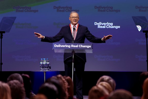 Prime Minister Anthony Albanese speaking at this week’s ALP conference in Adelaide.