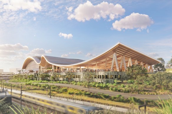An artist impression of the National Aquatic Centre, to replace the Centenary Pool ahead of the 2032 Brisbane Olympic and Paralympic Games.