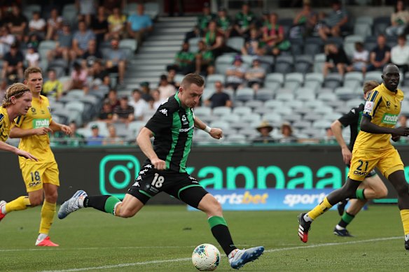 Western United marksman Besart Berisha drives an effort on goal in March. 