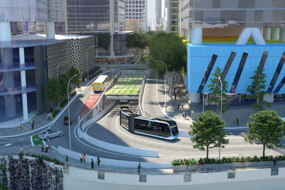 Concept images showing the planned entrance at North Quay for the Brisbane Metro Adelaide Street tunnel, not expected to be finished until May 2024.