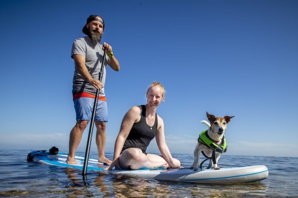 Ashley Thomas and her partner, Matt Casey, swim and paddleboard with their terrier Oscar, who took swimming lessons after an injury last year. 