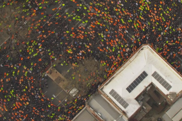 An aerial image of workers rallying in Melbourne’s CBD.