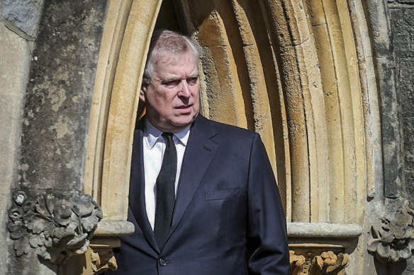 Prince Andrew appears at the Royal Chapel at Windsor, following the announcement of the death of his father Prince Philip last April..