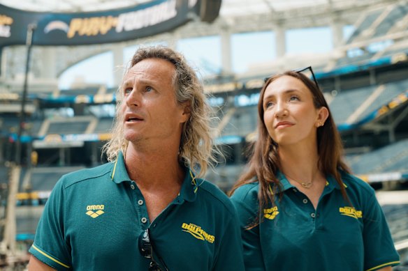 Dean Boxall and Lani Pallister at SoFi Stadium, the venue for LA 2028 swimming events.