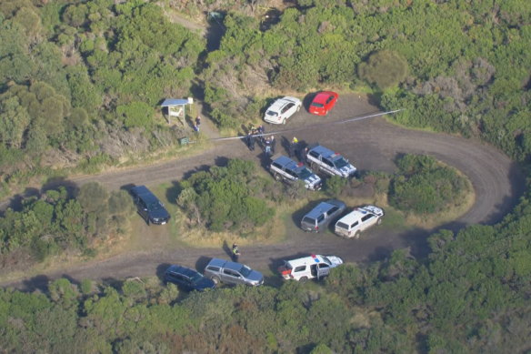 Police tape set up at the Wreck Beach carpark near the Twelve Apostles on the south-west Victorian coast.