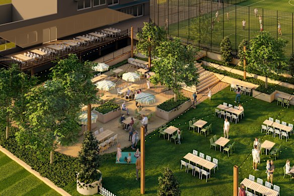 An artist's rendering of Grange Bowls Club, presented by Grange Thistle Football Club, shows the central public areas and covered deck. 