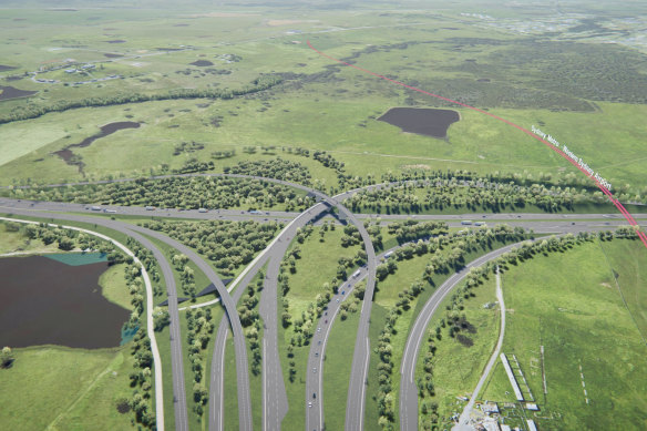 An artist’s impression of the interchange between the M12 and Elizabeth Drive near the M7 in western Sydney.