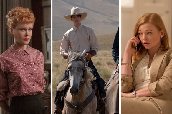 Golden Globes winners, from left: Nicole Kidman in Being The Ricardos, Kodi Smit-McPhee in The Power of the Dog and Sarah Snook in Succession. 