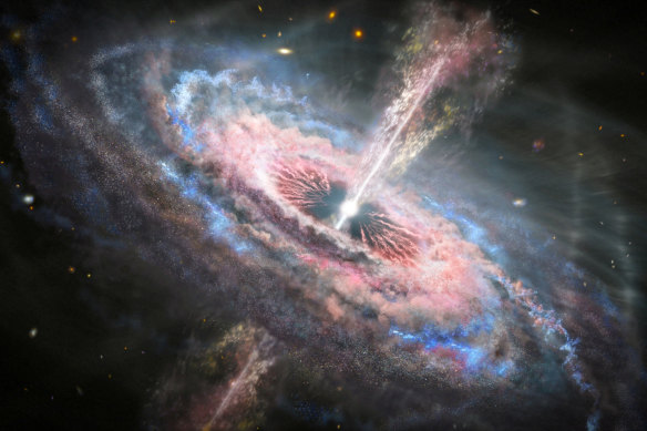 This artist’s concept shows a galaxy with a brilliant quasar, a very bright, distant and active supermassive black hole that is millions to billions of times the mass of the Sun, at its center.