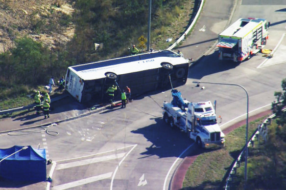 The bus was travelling on Wine Country Drive at Greta when it overturned.
