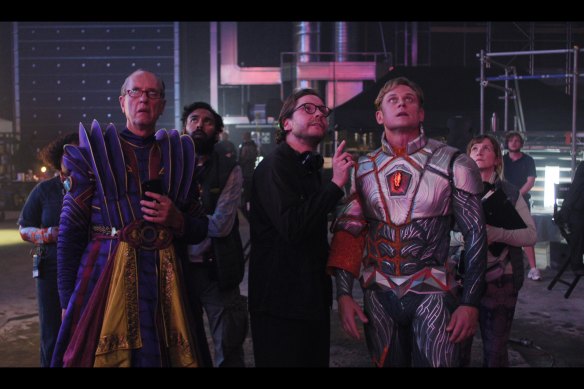 (From left)  Richard E. Grant as Peter; Himesh Patel as first assistant director Daniel; Daniel Brühl as the director Eric; and Billy Magnussen as leading man Adam; and Jessica Hynes as director’s assistant Steph.