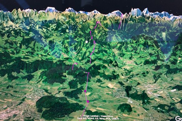 The flightpath of a death’s head hawkmoth towards the foothills of the Swiss Alps. 