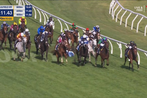 The moment the falls occurred in the Caulfield Cup.