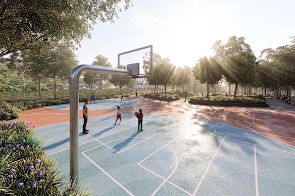 The 2.5 hectares of open space will have open lawns, gardens, shared paths, a multi-use half court for pickleball and basketball, a synthetic-turf sports area and an outdoor fitness station.