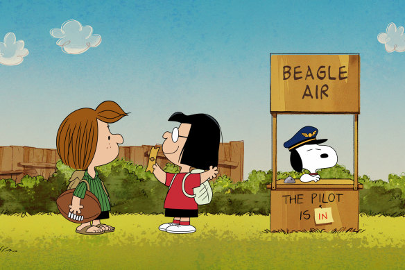 Charles M. Schulz’s fondly remembered characters Peppermint Patty, Marcie and Snoopy.