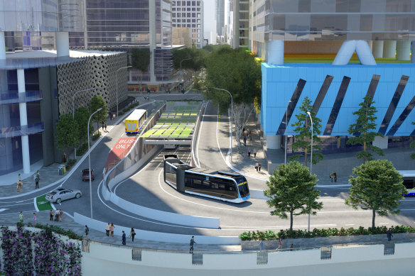 Concept images show Brisbane Metro’s planned Adelaide Street tunnel entrance at North Quay, expected to be finished in May 2024.