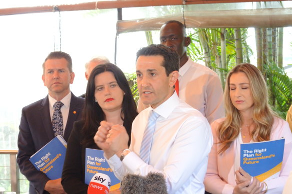 Queensland LNP leader David Crisafulli (centre) was keen to campaign on law and order in Ipswich.