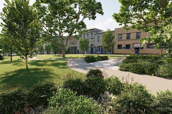 An artist’s render of the proposed park if Errol Street is closed to traffic. 