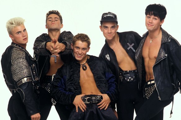 Take That (from left): Gary Barlow, Howard Donald, Mark Owen, Robbie Williams and Jason Orange. 