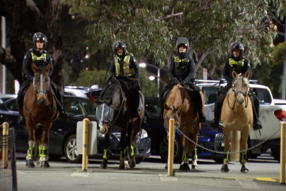 Mounted police at Monash University on Monday night.