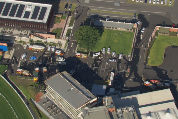 Emergency services gather at Caulfield Racecourse on Tuesday morning.