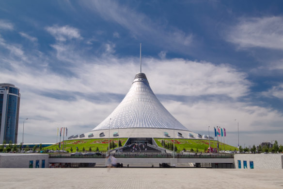 The Khan Shatyr is a 150-metre-high tent-shaped building that houses a shopping mall and a fake beach.