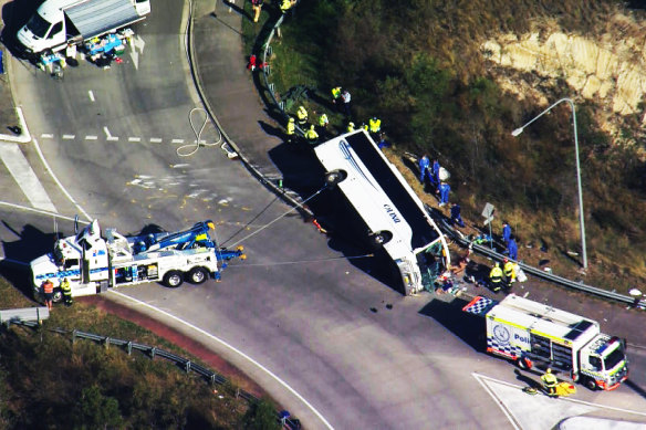 The bus windscreen was smashed during the emergency response.