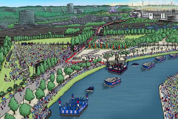 An artist’s depiction of the 2022 AFL grand final parade on the Yarra River.