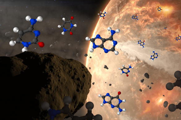 Conceptual image of meteoroids delivering nucleobases to ancient Earth. The nucleobases are represented by structural diagrams with hydrogen atoms as white spheres, carbon as black, nitrogen as blue and oxygen as red.