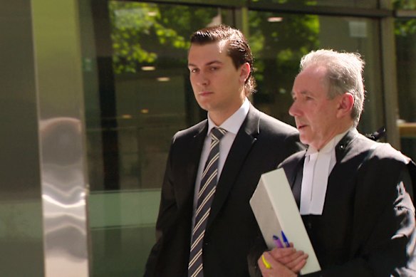 Tom Silvagni (left) and barrister David Hallowes, SC, outside the County Court on November 24.