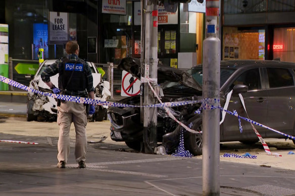 Three pedestrians, the driver and passenger of the Mazda CX-9 all aged in their 20s and 30s, were taken to hospital with non-life-threatening injuries.