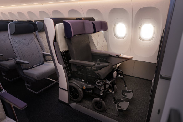 Delta Flight Products’ airplane seat concept that lets wheelchair users remain in their own chairs for the entire journey. 