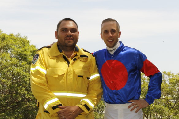 RFS volunteer  Clinton Cox  with jockey Brenton Avdulla ahead of the bushfire appeal meeting at Randwick on Saturday 