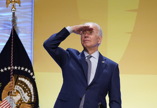 President Joe Biden looks into the audience as he leaves after speaking during the White House Conference on Hunger, Nutrition, and Health.